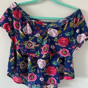 Monteau Blue and Pink Ruffled Peplum Blouse